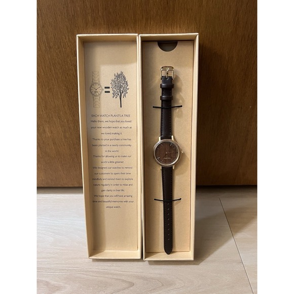 New In Box Women\'s $350‎ Woodstone Watch Serenity Walnut Gold Jewelry Leather